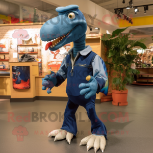 Navy Spinosaurus mascot costume character dressed with a Jeans and Shoe clips