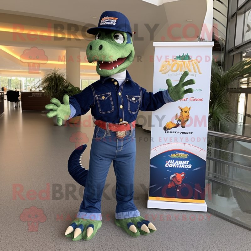 Navy Spinosaurus mascot costume character dressed with a Jeans and Shoe clips Navy Spinosaurus mascot costume character dressed with a Jeans and Shoe clips