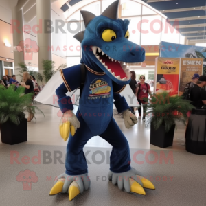 Navy Spinosaurus mascot costume character dressed with a Jeans and Shoe clips