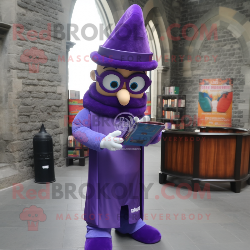 Purple Irish Castle mascot costume character dressed with a Flare Jeans and Reading glasses Purple Irish Castle mascot costume character dressed with a Flare Jeans and Reading glasses