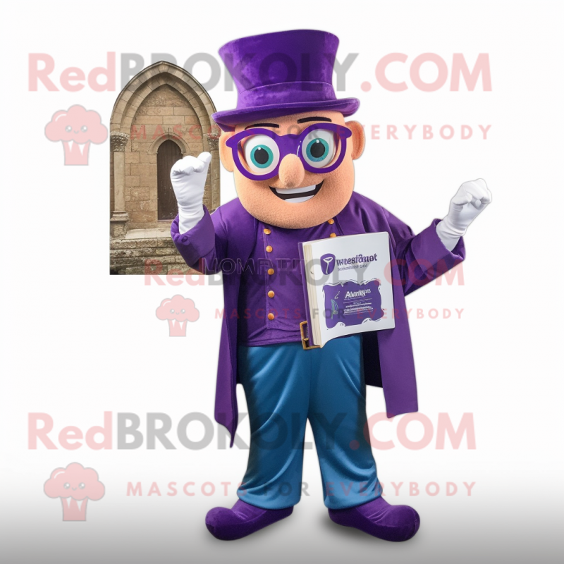 Purple Irish Castle mascot costume character dressed with a Flare Jeans and Reading glasses Purple Irish Castle mascot costume character dressed with a Flare Jeans and Reading glasses