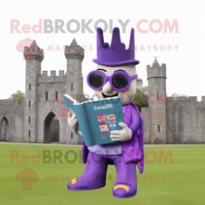 Purple Irish Castle mascot costume character dressed with a Flare Jeans and Reading glasses