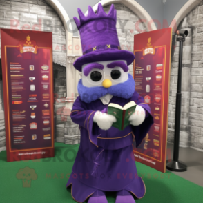 Purple Irish Castle mascot costume character dressed with a Flare Jeans and Reading glasses