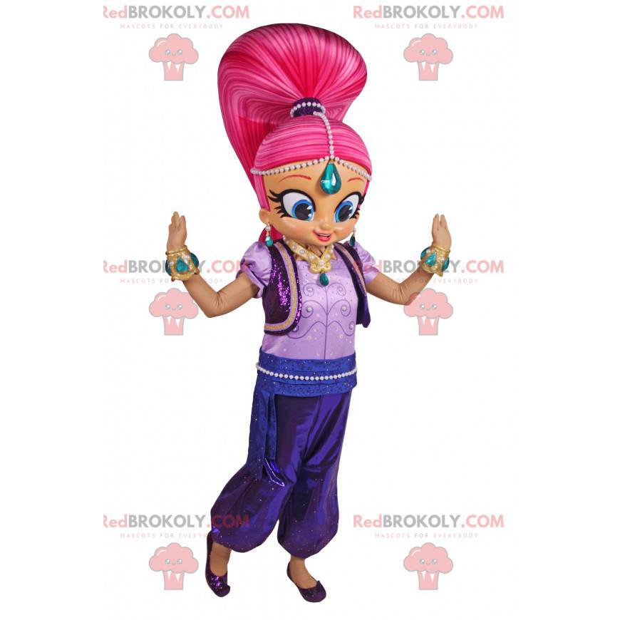 Menina mascote com grande cabelo rosa em roupa oriental -