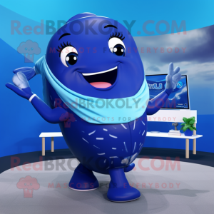 Blue Humpback Whale mascot costume character dressed with a Bikini and Rings