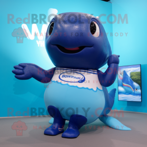 Blue Humpback Whale mascot costume character dressed with a Bikini and Rings
