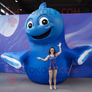 Blue Humpback Whale mascot costume character dressed with a Bikini and Rings