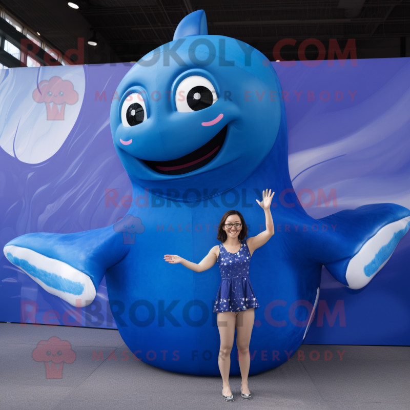 Blue Humpback Whale mascot costume character dressed with a Bikini and Rings Blue Humpback Whale mascot costume character dressed with a Bikini and Rings