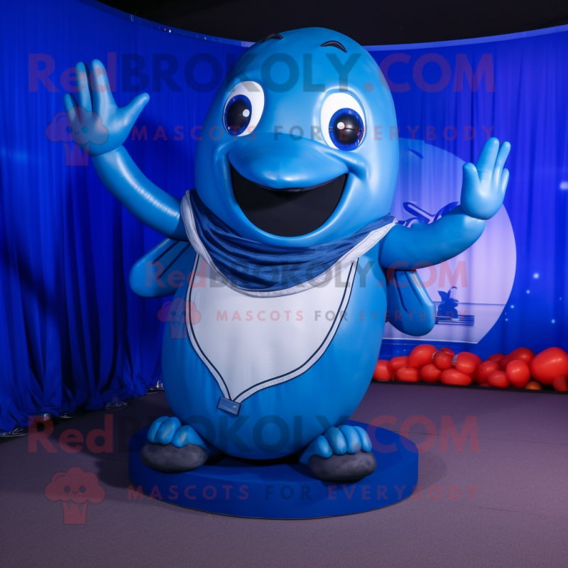 Blue Humpback Whale mascot costume character dressed with a Bikini and Rings