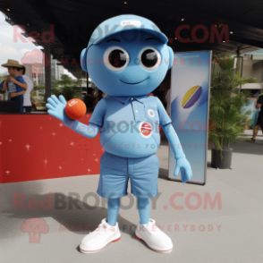 Sky Blue Petanque Ball mascot costume character dressed with a Denim Shorts and Keychains