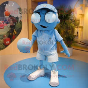 Sky Blue Petanque Ball mascot costume character dressed with a Denim Shorts and Keychains