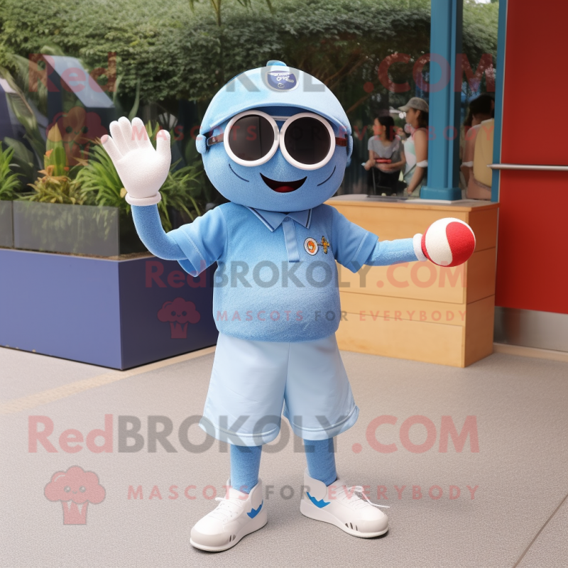 Sky Blue Petanque Ball mascot costume character dressed with a Denim Shorts and Keychains Sky Blue Petanque Ball mascot costume character dressed with a Denim Shorts and Keychains