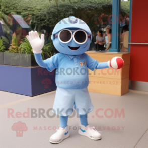 Sky Blue Petanque Ball mascot costume character dressed with a Denim Shorts and Keychains