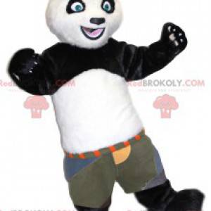 Mascotte panda in bianco e nero con pantaloncini cachi -