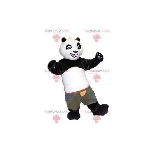 Mascotte panda in bianco e nero con pantaloncini cachi -