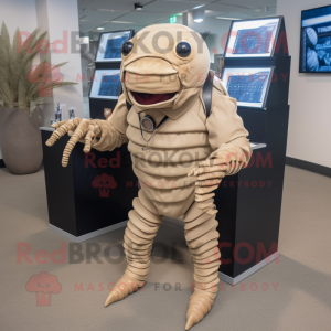 Beige Trilobite mascot costume character dressed with a Suit Pants and Bracelets