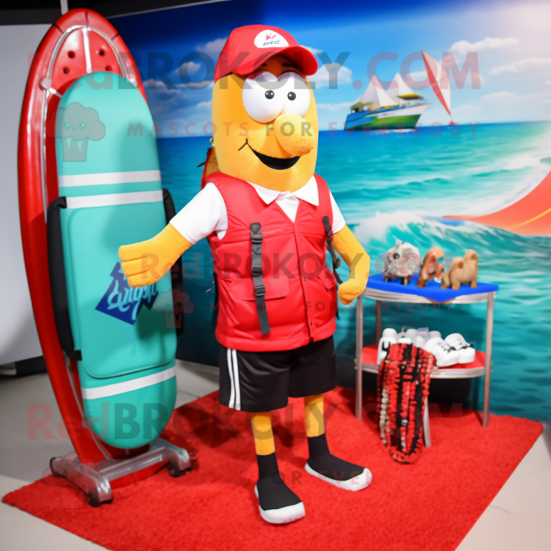 Red Aglet mascot costume character dressed with a Board Shorts and Briefcases