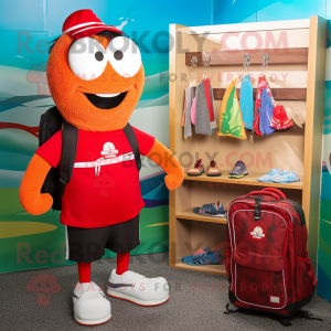 Red Aglet mascot costume character dressed with a Board Shorts and Briefcases