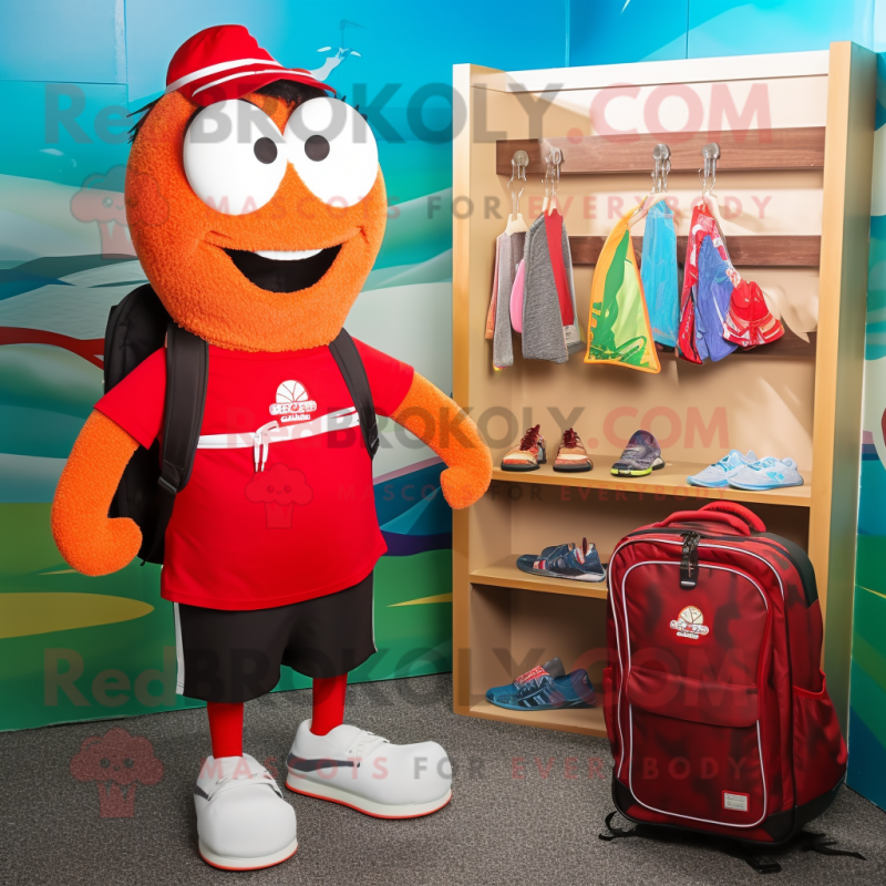 Red Aglet mascot costume character dressed with a Board Shorts and Briefcases Red Aglet mascot costume character dressed with a Board Shorts and Briefcases