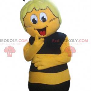 Mascota de abeja amarilla y negra, expresiva y cómica. -