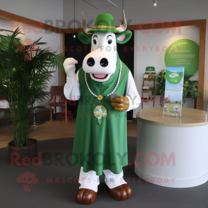 Green Guernsey Cow mascot costume character dressed with a Dress Shirt and Rings