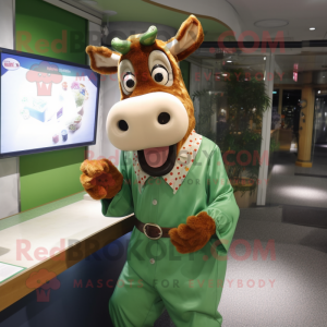 Green Guernsey Cow mascot costume character dressed with a Dress Shirt and Rings