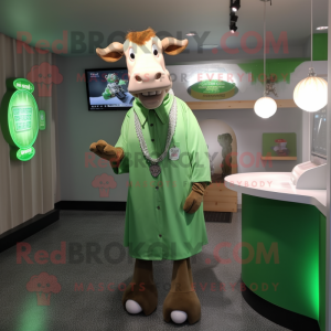 Green Guernsey Cow mascot costume character dressed with a Dress Shirt and Rings