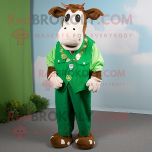 Green Guernsey Cow mascot costume character dressed with a Dress Shirt and Rings