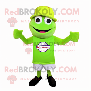 Lime Green Moussaka mascot costume character dressed with a Henley Tee and Caps