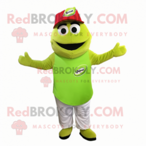 Lime Green Moussaka mascot costume character dressed with a Henley Tee and Caps