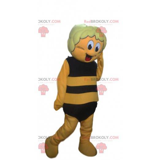 Geel en zwarte bijenmascotte, expressief en komisch -