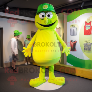 Lime Green Moussaka mascot costume character dressed with a Henley Tee and Caps