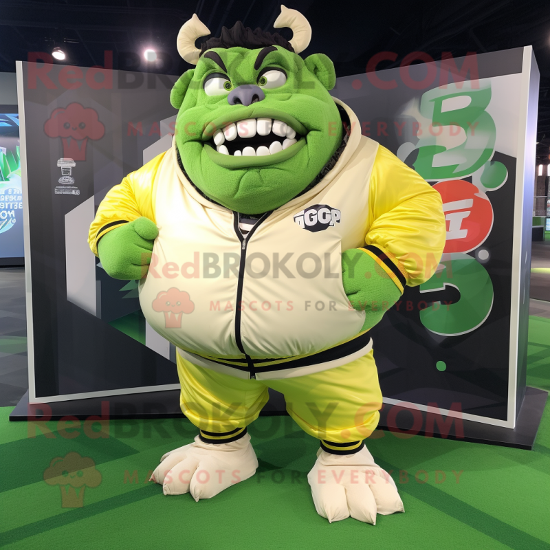 Cream Ogre mascot costume character dressed with a Windbreaker and Wraps