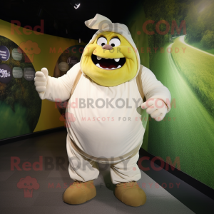 Cream Ogre mascot costume character dressed with a Windbreaker and Wraps