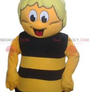 Mascota de abeja amarilla y negra, expresiva y cómica. -