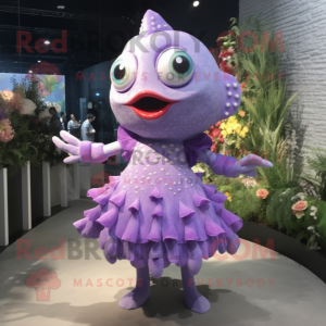 Lavender Piranha mascot costume character dressed with a Midi Dress and Necklaces