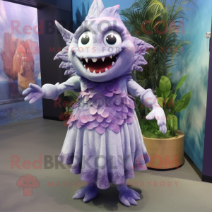 Lavender Piranha mascot costume character dressed with a Midi Dress and Necklaces