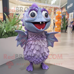Lavender Piranha mascot costume character dressed with a Midi Dress and Necklaces
