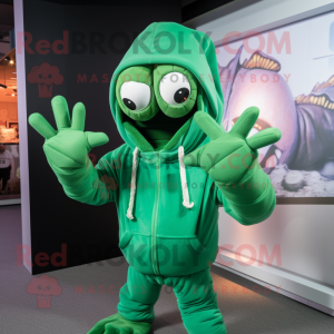 Green Hermit Crab mascot costume character dressed with a Hoodie and Gloves