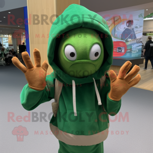 Green Hermit Crab mascot costume character dressed with a Hoodie and Gloves