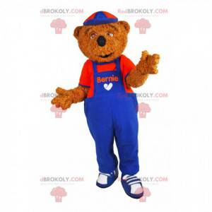 Mascotte d'ours brun avec une salopette bleue et rouge! -