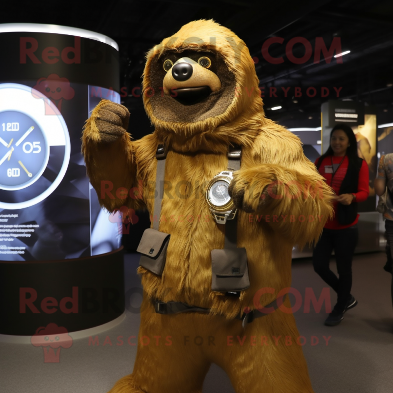 Gold Giant Sloth mascot costume character dressed with a Parka and Digital watches