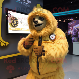 Gold Giant Sloth mascot costume character dressed with a Parka and Digital watches