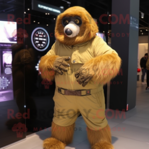 Gold Giant Sloth mascot costume character dressed with a Parka and Digital watches