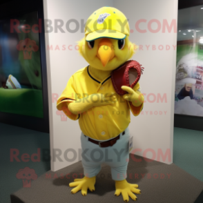 Lemon Yellow Parrot mascot costume character dressed with a Baseball Tee and Scarves