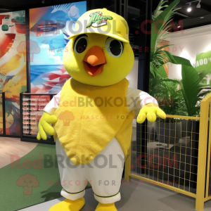 Lemon Yellow Parrot mascot costume character dressed with a Baseball Tee and Scarves
