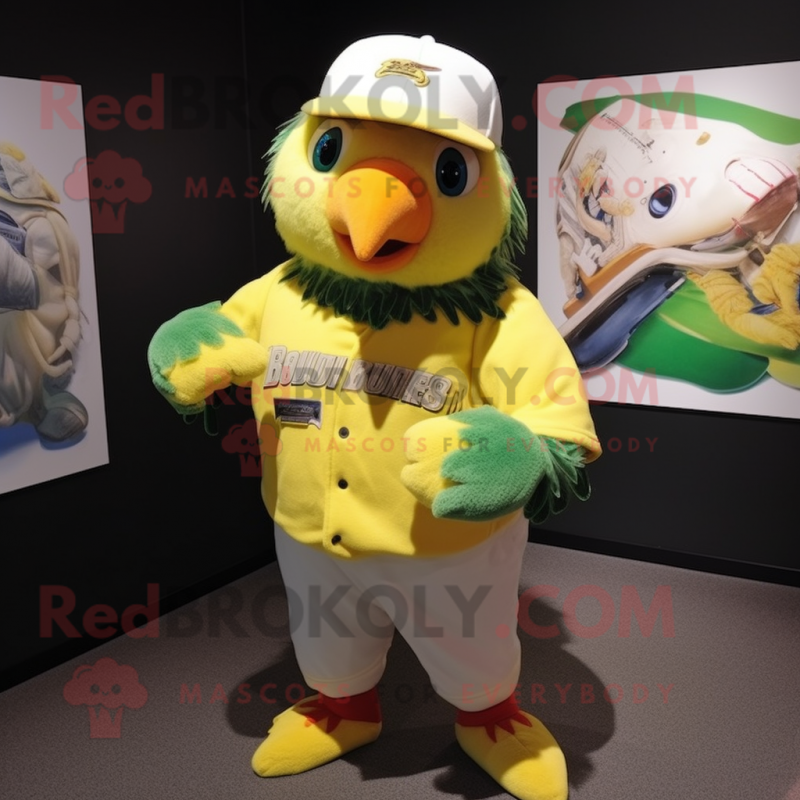 Lemon Yellow Parrot mascot costume character dressed with a Baseball Tee and Scarves Lemon Yellow Parrot mascot costume character dressed with a Baseball Tee and Scarves