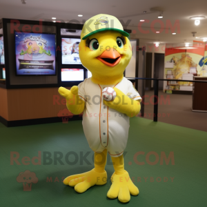 Lemon Yellow Parrot mascot costume character dressed with a Baseball Tee and Scarves