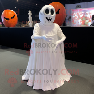 White Graveyard mascot costume character dressed with a Ball Gown and Foot pads