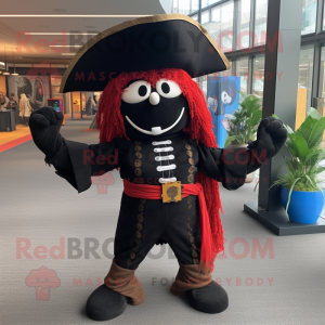 Black Pirate mascot costume character dressed with a Yoga Pants and Shawl pins